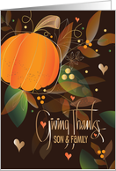 Hand Lettered Thanksgiving Son and Family Giving Thanks Fall Leaves card