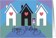 Birthday Wishes from Realtor Trio of Houses with Birthday Cake Sign card
