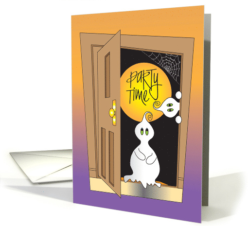 Halloween Party Time Invitation with Goblins at Webbed Open Door card