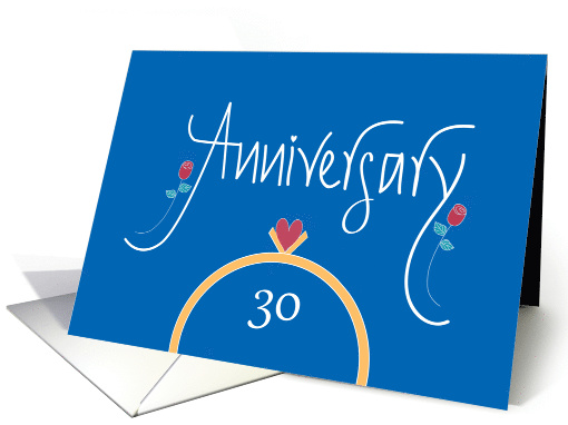 30th Wedding Anniversary, Wedding Rings, Heart and Red Roses card