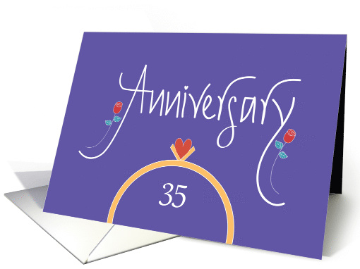 35th Wedding Anniversary, Wedding Rings, Heart and Red Roses card