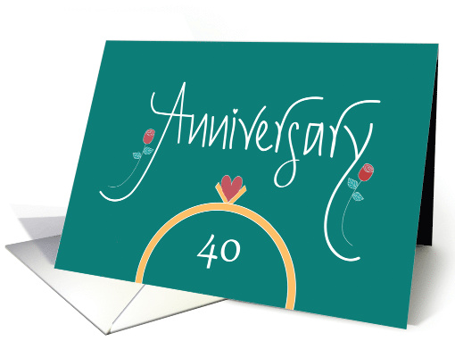 40th Wedding Anniversary, Wedding Rings, Heart and Red Roses card