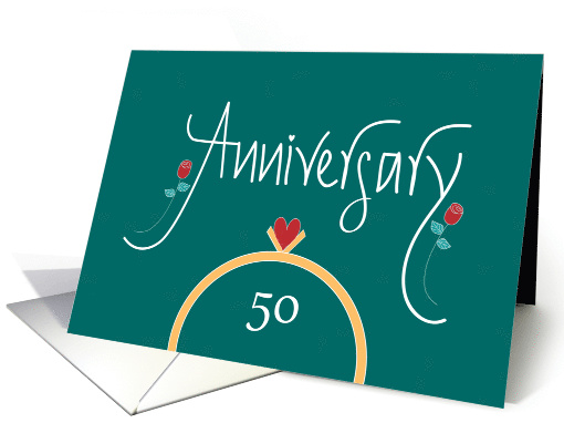 50th Wedding Anniversary, Wedding Rings, Heart and Red Roses card