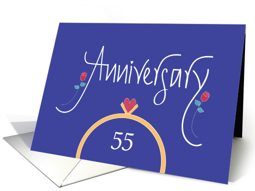 55th Wedding Anniversary, Wedding Rings, Heart and Red Roses card