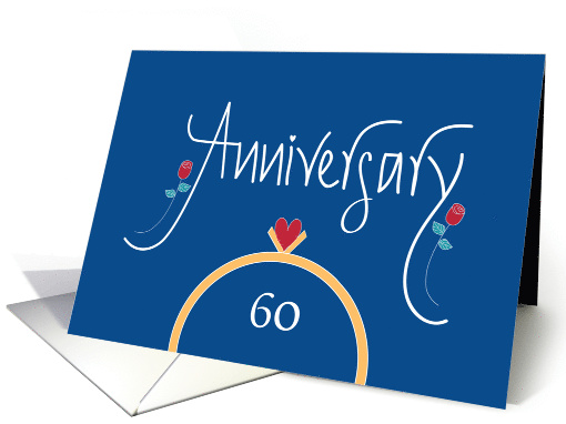 60th Wedding Anniversary, Wedding Rings, Heart and Red Roses card