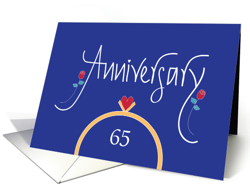 65th Wedding Anniversary, Wedding Rings, Heart and Red Roses card