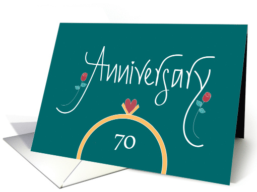 70th Wedding Anniversary, Wedding Rings, Heart and Red Roses card