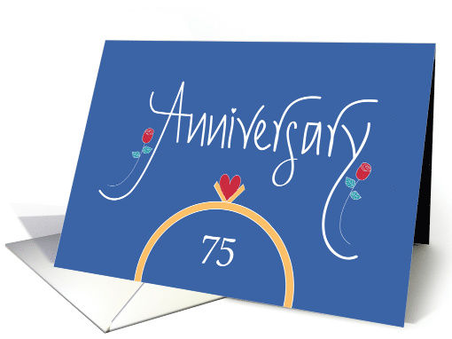 75th Wedding Anniversary, Wedding Rings, Heart and Red Roses card