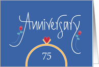 75th Wedding Anniversary, Wedding Rings, Heart and Red Roses card