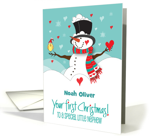 First Christmas Nephew with Snowman and Bird with Custom Name card