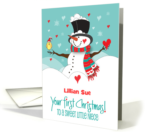 First Christmas for Niece Snowman with Hearts and Custom Name card