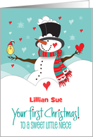 First Christmas for Niece Snowman with Hearts and Custom Name card