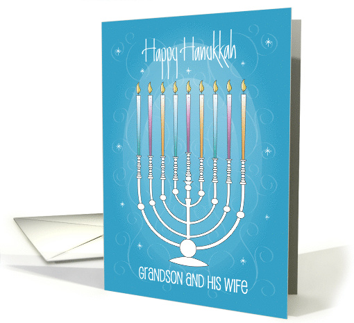 Hand Lettered Hanukkah for Grandson and Wife Menorah and Candles card