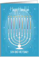 Hand Lettered Hanukkah for Son and His Family Menorah and Candles card