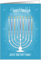 Hand Lettered Hanukkah for Sister and Family Menorah and Candles card
