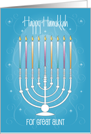 Hand Lettered Hanukkah for Great Aunt Menorah and Colorful Candles card