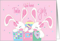 New Baby Twin Girl Congratulations, Two Bunnies in Toy Box card