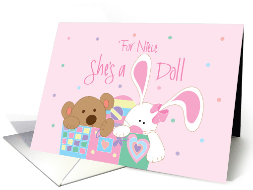 New Baby for Niece, She's a Doll with Toybox Bear and Bunny card