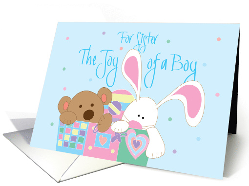 New Baby for Sister, Joy of a Boy with Toybox with Bear and Bunny card