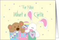 New Baby Congratulations for Niece, with Toy box, Bear and Bunny card