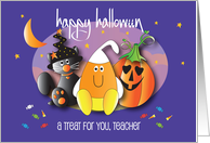 Happy Halloween to Teacher Candy Corn, Black Cat and Jack O’ Lantern card
