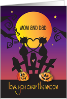 Halloween Mom and Dad Black Cat Silhouettes Love you Over the Moon card