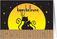 Hand Lettered Halloween Two Black Cats Snuggling on Fence under Stars card