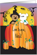 Halloween for Niece, Goblin and Witch Bear in Huge Pumpkin card