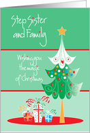 Christmas for Step Sister and Family, Christmas Tree and Gifts card