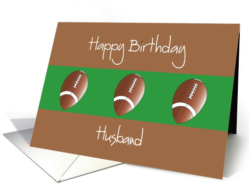 Birthday for Husband, Trio of Footballs on Brown and Green card
