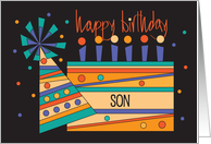 Hand Lettered Birthday for Son Colorful Birthday Cake and Party Hat card