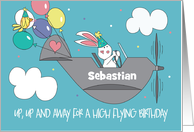 Birthday for Grandson Up Up and Away Bunny in Plane with Custom Name card