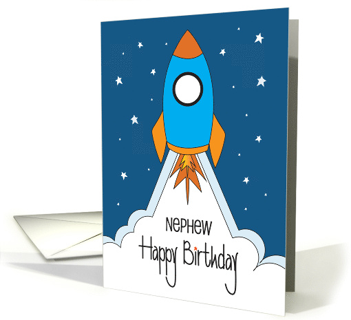 Hand Lettered Birthday for Nephew Blue and Orange Rocket Ship card