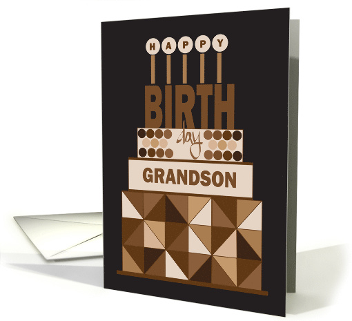 Hand Lettered Birthday for Grandson, Stacked Brown Birthday Cake card