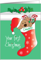First Christmas for Daughter, Bear with Santa Hat in Stocking card