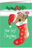 First Christmas for Son, Bear with Santa Hat in Stocking card
