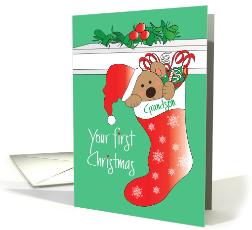 First Christmas for Grandson, Bear with Santa Hat in Stocking card