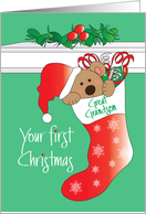 First Christmas for Great Grandson, Bear with Santa Hat in Stocking card