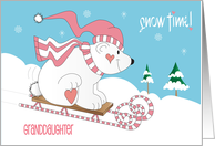 Christmas for Granddaughter Bear Sledding on Candy Cane Sled in Snow card