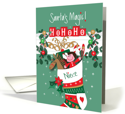 Santa's Magic for Niece's Christmas, Doll and Toys in Stocking card