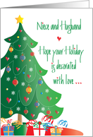 Christmas for Niece and Husband, Decorated Tree and Gifts card