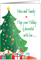 Christmas for Niece and Family, Decorated Tree and Gifts card