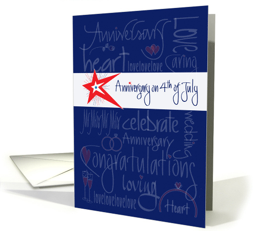 Anniversary on 4th of July, Stars, Fireworks with Hand Lettering card