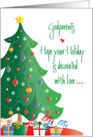 Christmas for Godparents, Christmas Tree, Ornaments and Gifts card