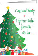 Christmas for Cousin and Family, Christmas Tree, Ornaments and Gifts card