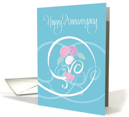 Wedding Anniversary from Both of Us, Floral Swirls on Blue card