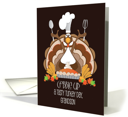 Thanksgiving for Grandson Turkey with Chef's Hat with Pumpkin Pie card