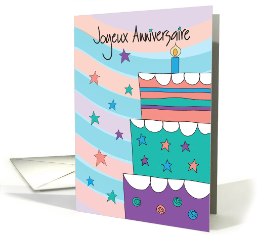 French Birthday, Tall Stacked Cake with Candle and Stars card