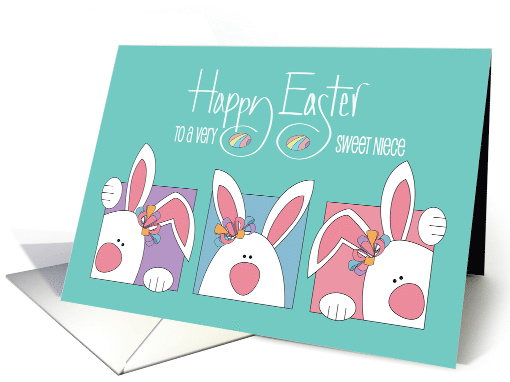 Easter for Niece Three White Bunnies Peeking for Hidden Eggs card