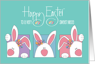 Easter for Niece Three White Bunnies Peeking for Hidden Eggs card